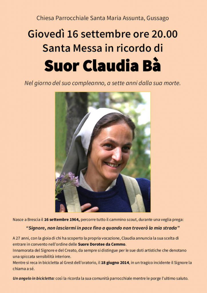 Messa ricordo suor Claudia Ba settembre 2021