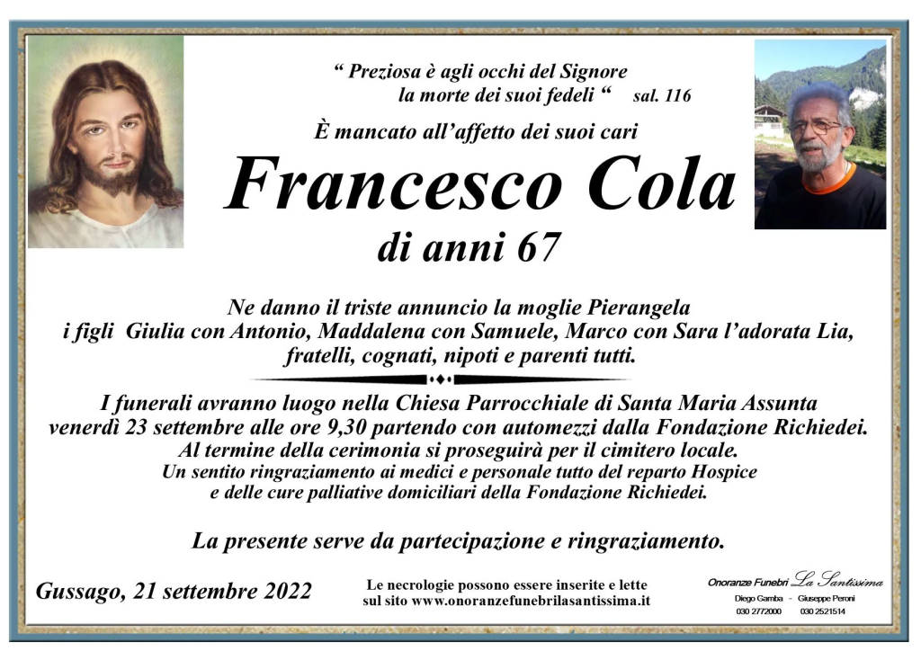 Necrologio Francesco Cola 2022